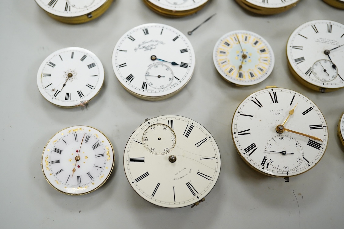 A small quantity of assorted mainly 19th century pocket and fob watch movements including Thomas Crispe of Bravington Sq. W. Lockwood of Huddersfield and William Flowers of London.